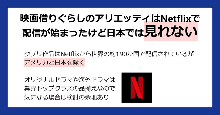 映画借りぐらしのアリエッティはNetflixで配信が始まったけど日本では見れない