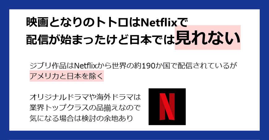 映画となりのトトロはNetflixで配信が始まったけど日本では見れない